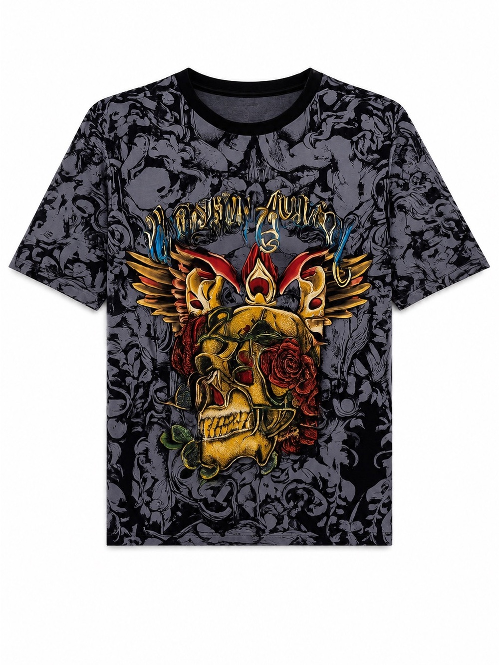 Christian Audigier Rhinestone Skull Graphic Oversized Tee Shirt 3XL Y2K Gothic